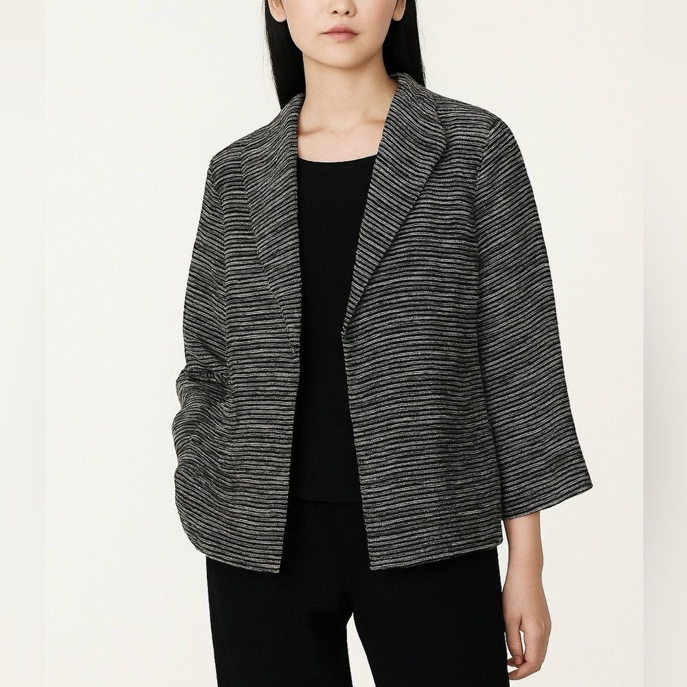 Eileen Fisher Linen Blazer Textured Relaxed fit Black Lagenlook Pockets Size M